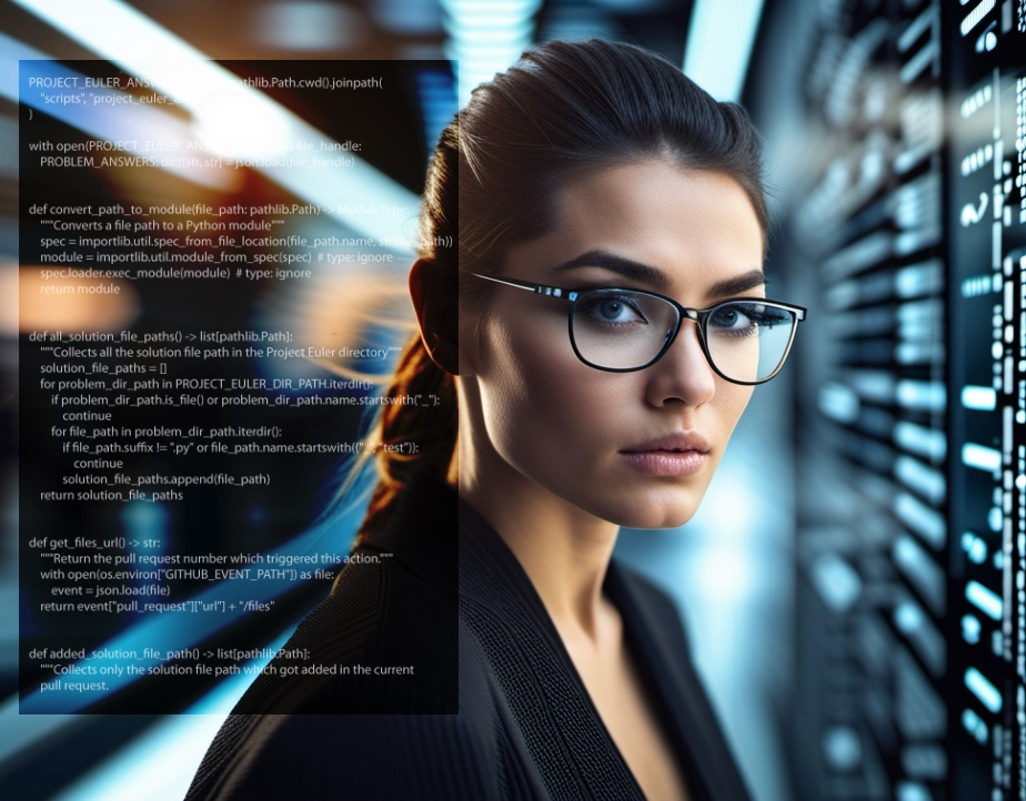 Business Woman in Data Center with Abstract Technology and 