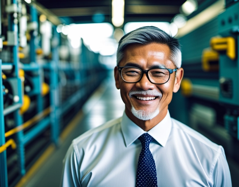 smiling businessman in industrial factory